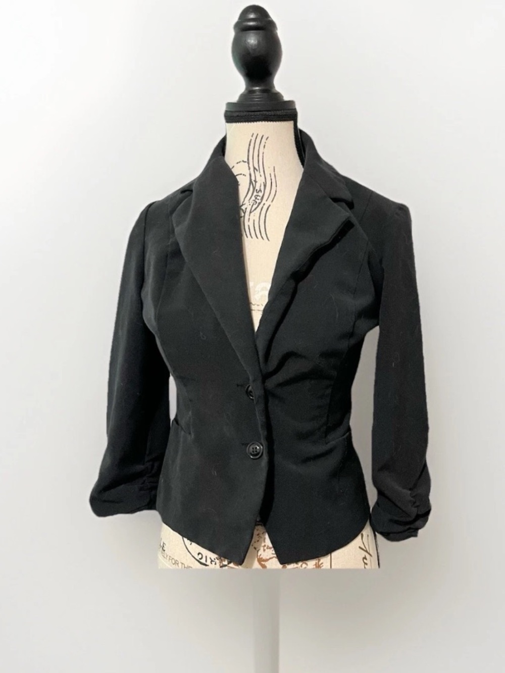 Vintage Y2K Black Blazer Jacket Fitted Ruched Sleeve Office Siren Goth Size 4